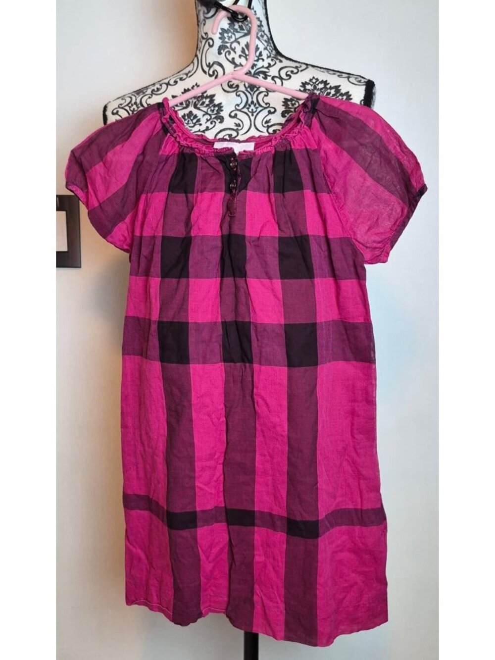 Burberry Children Girls Dress 8Y 128cm Pink Check Cotton Peasant Puff Sleeve